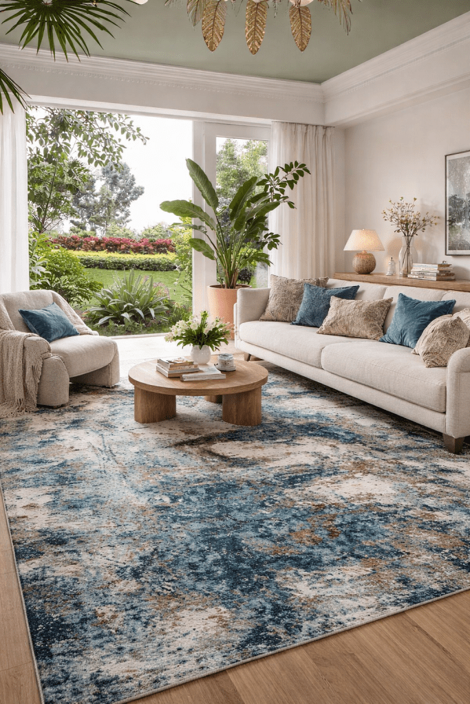 A bright and airy living room featuring a white sofa with decorative cushions, a round wooden coffee table, and a large area rug in blue and beige tones. Sunlight streams in through a large window, illuminating indoor plants and a cozy ambiance.